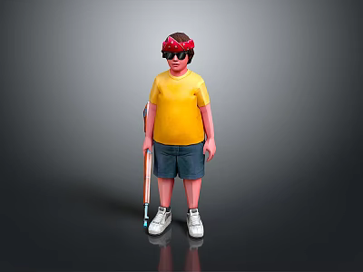 Stylish Man Wearing Yellow T-shirt Blue Shorts White Shoes And Red Headband With Cane 3d model