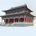 Traditional Chinese Ancient Architecture with Overhanging Eaves Colorful Decorations Red Pillars and Stone Steps