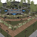 Scenic Park Landscape With Central Fountain Trees Pathways Pergola And Green Lawns