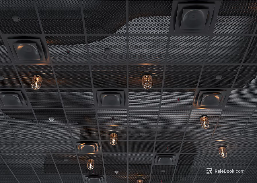 Industrial Style Ceiling With Grid Structure And Retro Light Fixtures 3d model 