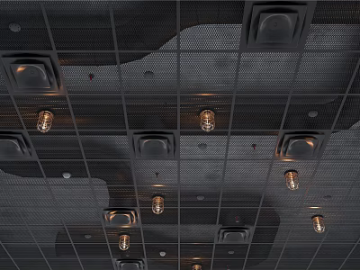 Industrial Style Ceiling With Grid Structure And Retro Light Fixtures 3d model
