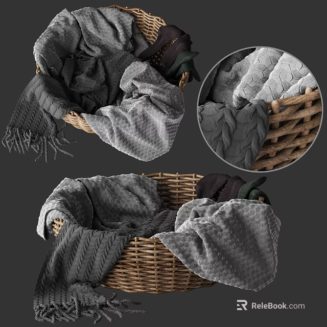 Woven Storage Basket with Soft Gray Textured Blankets and Cozy Knit Throws 3d model 