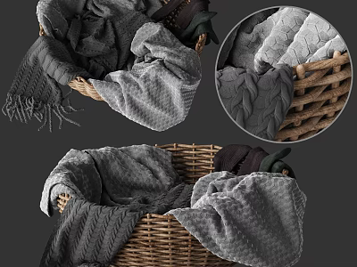 Woven Storage Basket with Soft Gray Textured Blankets and Cozy Knit Throws 3d model