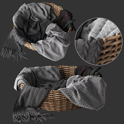 Woven Storage Basket with Soft Gray Textured Blankets and Cozy Knit Throws 3d model