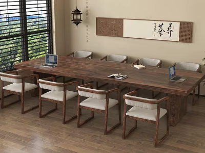 Wooden Tea Table and Chairs with Calligraphy Art Hanging Lantern and Laptop in Interior 3d model