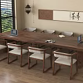 Wooden Tea Table and Chairs with Calligraphy Art Hanging Lantern and Laptop in Interior