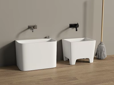 Modern Bathroom Set With White Square Wall Mounted Sinks And Wooden Floor 3d model