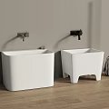 Modern Bathroom Set With White Square Wall Mounted Sinks And Wooden Floor