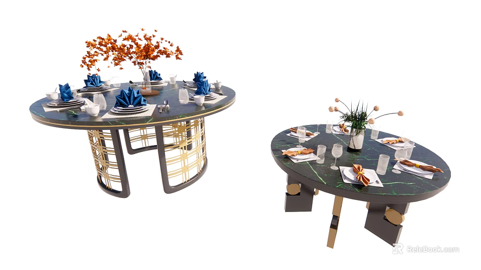Elegant Round Dining Tables With Decorative Flower Arrangements Blue Napkins And Gold Geometric Bases 3d model 
