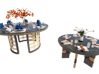 Elegant Round Dining Tables With Decorative Flower Arrangements Blue Napkins And Gold Geometric Bases 3d model