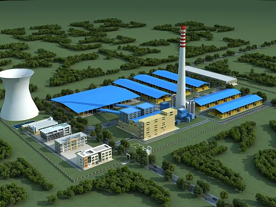 Large Industrial Factory Building Complex With Blue Roofs Chimney Cooling Tower And Greenery 3d model