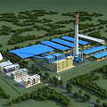 Large Industrial Factory Building Complex With Blue Roofs Chimney Cooling Tower And Greenery