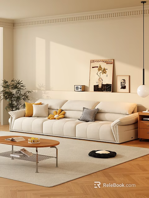 Cozy Modern Light Upholstered Sofa With Yellow Gray Pillows And Wooden Coffee Table In Living Room 3d model 