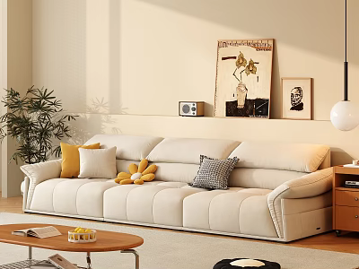 Cozy Modern Light Upholstered Sofa With Yellow Gray Pillows And Wooden Coffee Table In Living Room 3d model