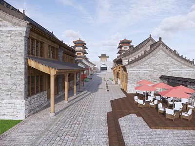 Traditional Chinese Commercial Street With Ancient Architecture And Outdoor Seating Areas 3d model