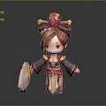 Cartoon Style Woman In Traditional Outfit With Decorated Hair Bun And Fan