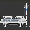 Hospital Bed With White Frame Blue Mattress Side Monitor And Wheels
