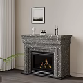 Elegant Patterned Marble Fireplace with Sculpture Candle Holders on Mantel and White Curtains Framed Artwork
