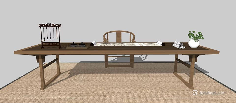 Traditional Wooden Desk With Brushes Ink Stone Scrolls Chair And Rug 3d model 