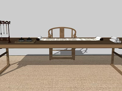 Traditional Wooden Desk With Brushes Ink Stone Scrolls Chair And Rug 3d model