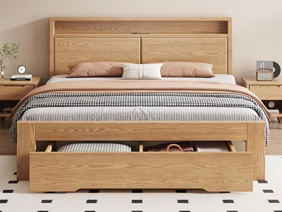 Cozy Bedroom Interior With Wooden Bed Frame Storage Drawers And Nightstands 3d model