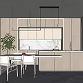 Modern Restaurant Interior With Wooden Cabinets Marble Countertop Dining Table Chairs Green Plant Pendant Lights
