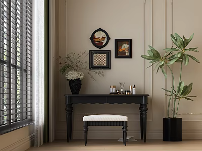 Black Dressing Table with White Stool and Framed Artworks in Beige Wall by Shutter Windows 3d model