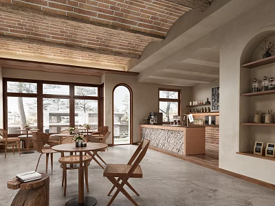 Rustic Café Interior Design With Brick Ceiling Arched Windows And Wooden Tables Chairs 3d model