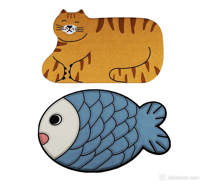 Playful Cat and Fish Shaped Rugs Adding Fun to Home Floor Decor 3d model 