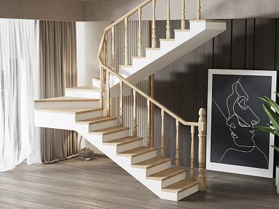 Staircase With Wooden Handrail White Steps In Modern Interior Decorative Painting And Green Plant 3d model