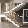 Staircase With Wooden Handrail White Steps In Modern Interior Decorative Painting And Green Plant