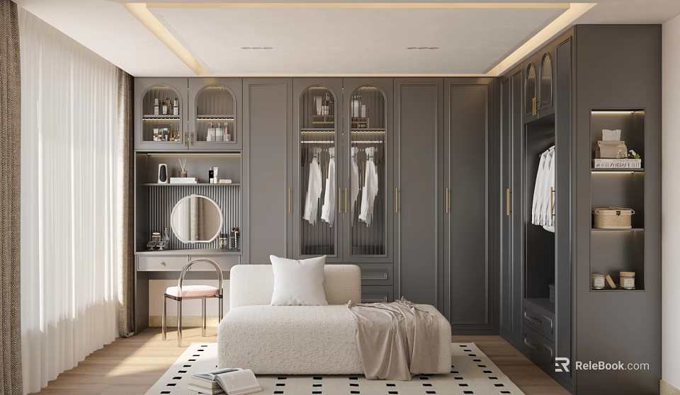 Luxurious Walk in Closet With Gray Cabinets Glass Doors White Clothes Beige Bench Dressing Table 3d model 