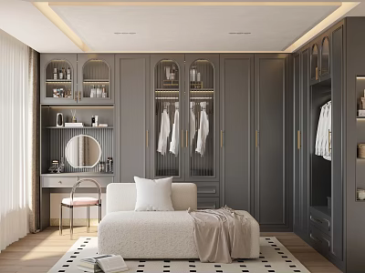 Luxurious Walk in Closet With Gray Cabinets Glass Doors White Clothes Beige Bench Dressing Table 3d model