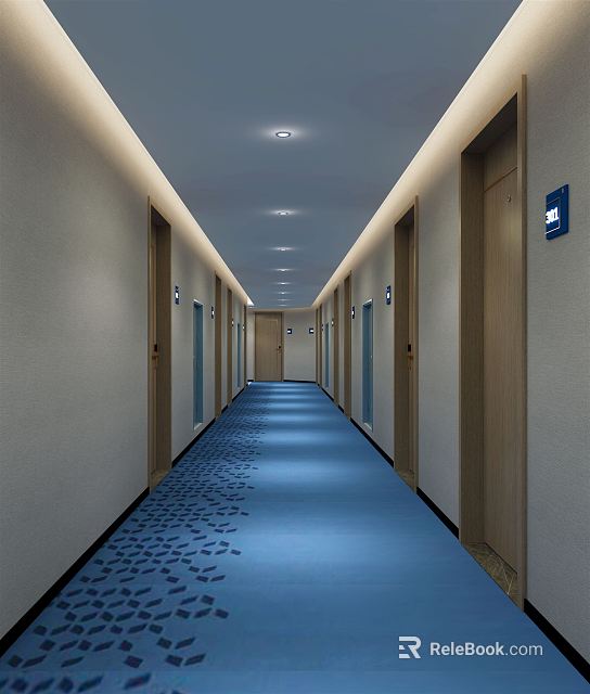 Hotel Corridor With Blue Carpet Light Colored Walls Doorways And Ceiling Lights 3d model 