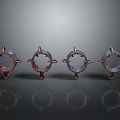 Metallic Ring Components In Red And Silver With Reflective Surfaces On Dark Background