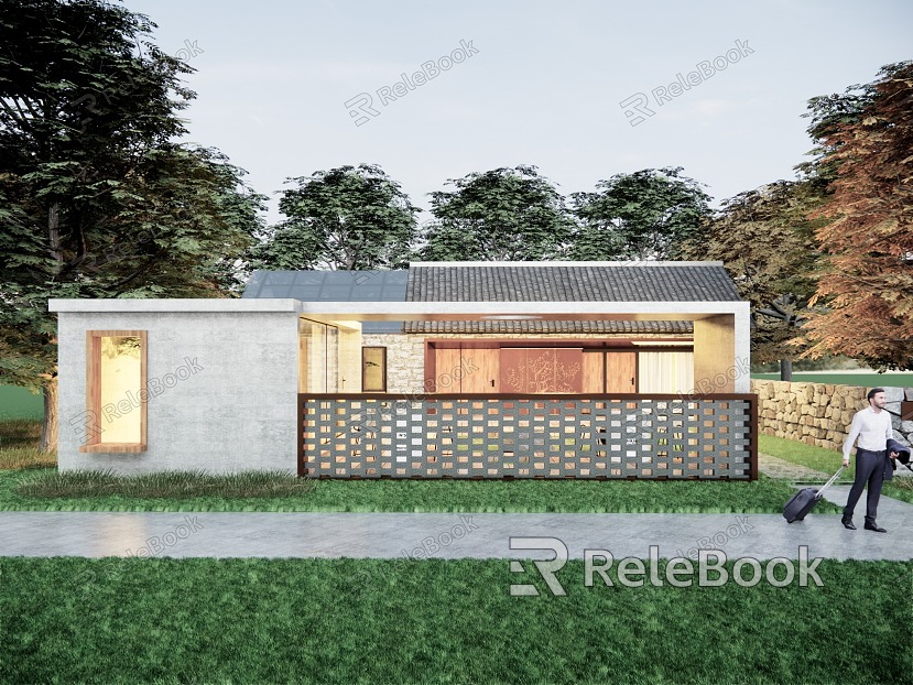 New Chinese Style Mentou Rural Self-built House Single-family Villa Homestay Courtyard Rural Courtyard College Public Building Corridor Mentou Landscape Courtyard Outdoor Architecture model