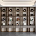 Modern Wooden Decorative Cabinet With Layered Shelves Vinyl Records And Books