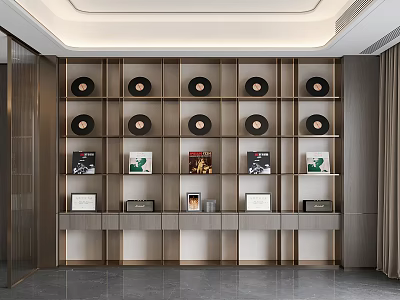 Modern Wooden Decorative Cabinet With Layered Shelves Vinyl Records And Books 3d model