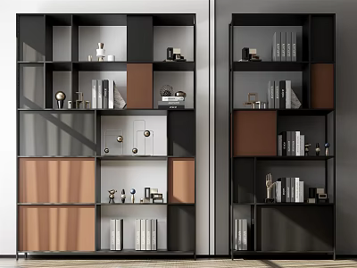 Modern Bookshelf With Layered Design Black Brown Beige Panels And Storage For Books Decorative Items 3d model