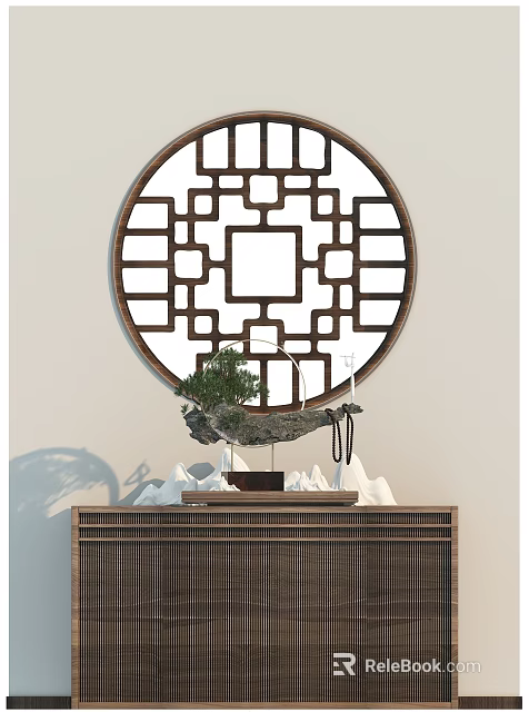 Chinese Style Decor With Circular Lattice Window Bonsai And Rockery 3d model 