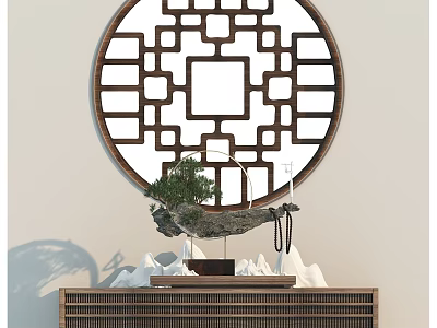 Chinese Style Decor With Circular Lattice Window Bonsai And Rockery 3d model