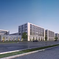 Modern Office Building Exterior With White Facade Greenery Trees And Roadside Windows