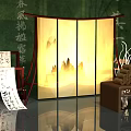 Chinese Traditional Decorative Screens with Calligraphy and Landscape Patterns on Green Background