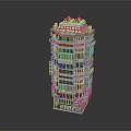 Contemporary Multistorey Building Architectural Design With Glass Facade Illuminated Interiors And Red White Signboards