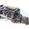 Detailed Automotive Engine With Metal Pipes Radiator And Complex Structure