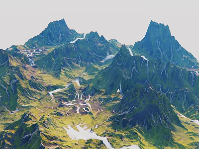 Scenic Green Mountain Range With Peaks Valleys And Clear Lakes 3d model