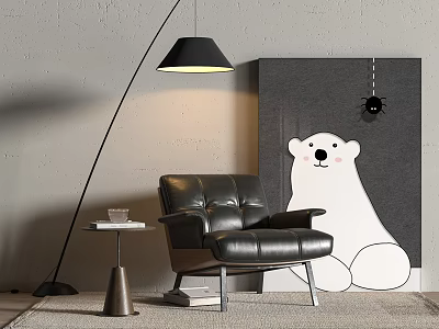 Black Leather Leisure Chair With Floor Lamp Side Table Polar Bear Painting And Gray Wall 3d model