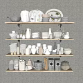 Light Wood Shelves Displaying White And Light Gray Kitchenware Teapots Jars Bowls Plates Cups