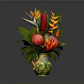 Vibrant Tropical Flower Arrangement In Colorful Glass Vase With Green Leaves And Red Blooms