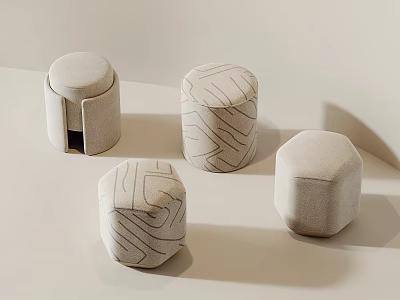 Modern Light Colored Stools with Various Shapes Textured Surfaces and Upholstered Design 3d model